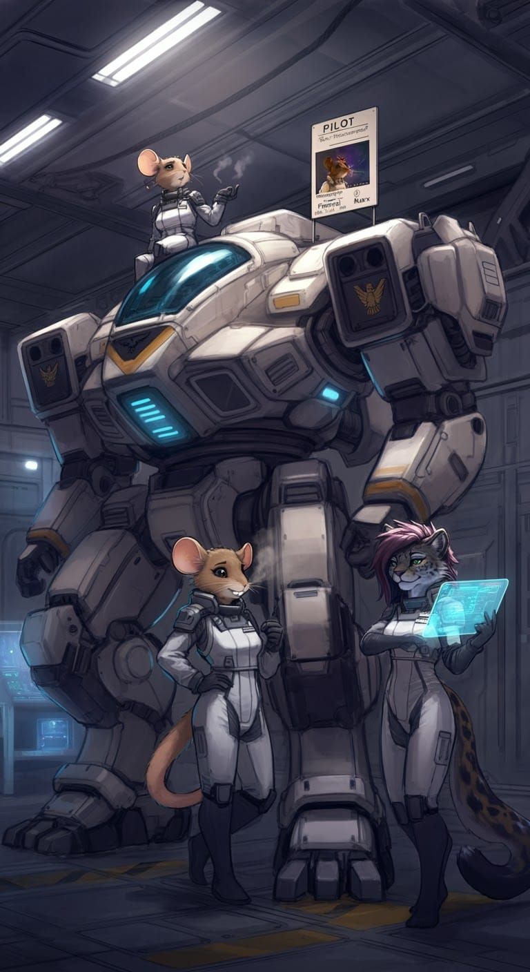 Sci-Fi Mech Hangar with Anime Pilot in Watercolor Style