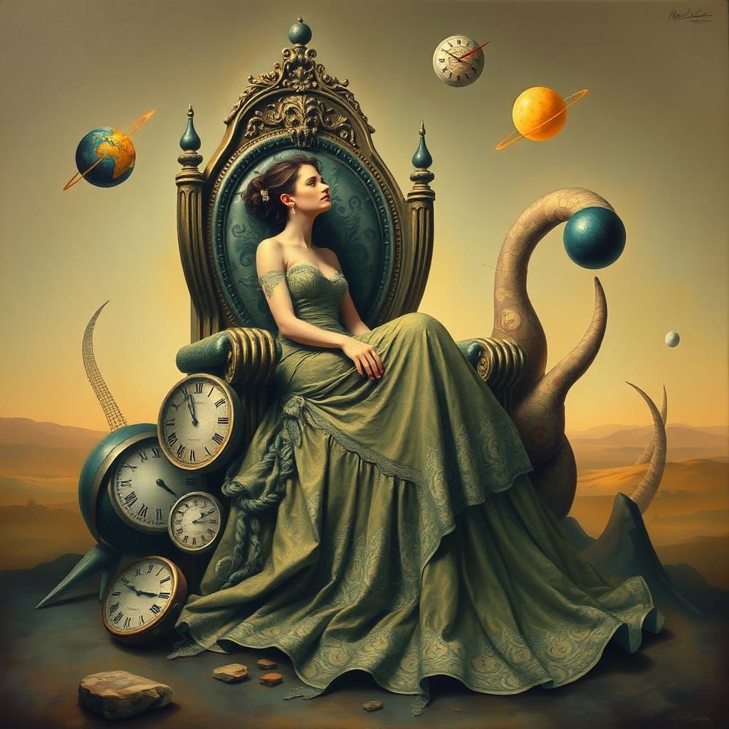 Dreamlike Queen on Throne in Surrealist Landscape