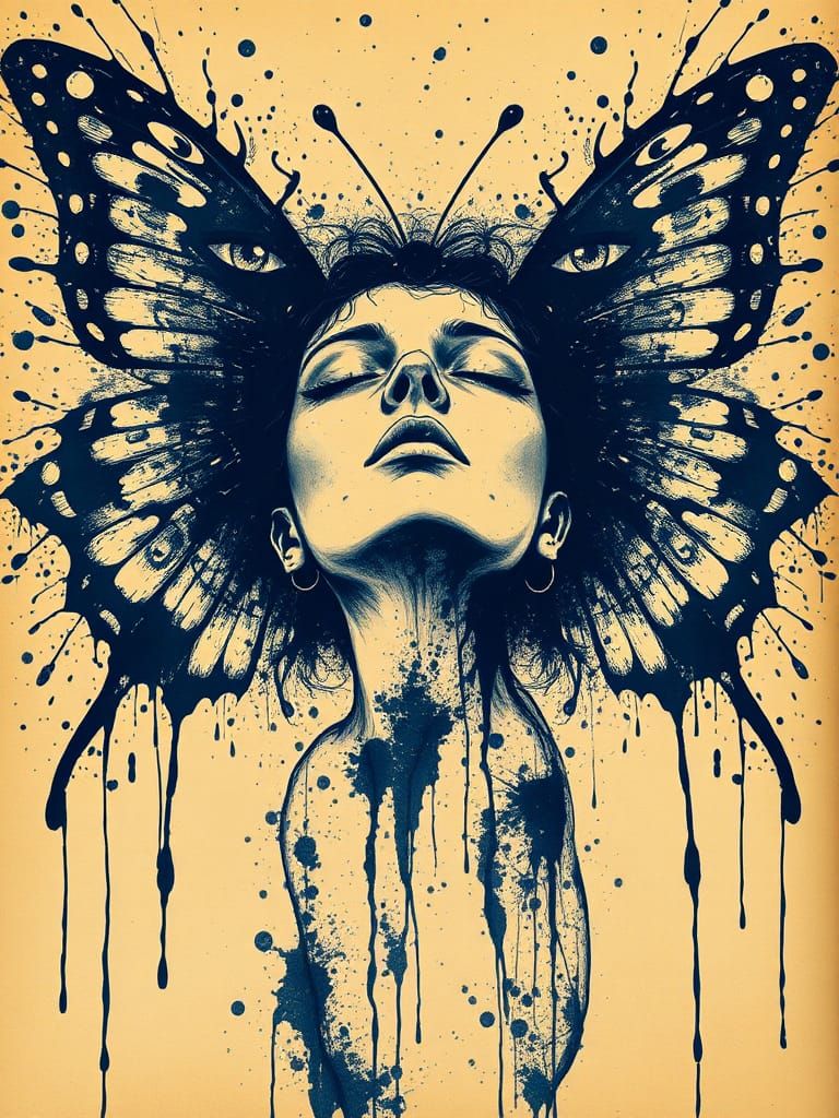 Monochromatic Ink Splatter Art of Woman with Butterfly Wings