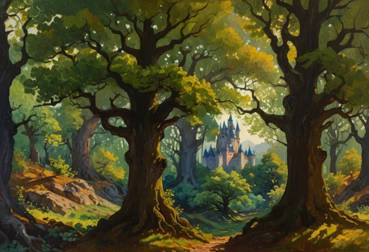 Fauvist Painting of Ancient Oak Trees and Castle