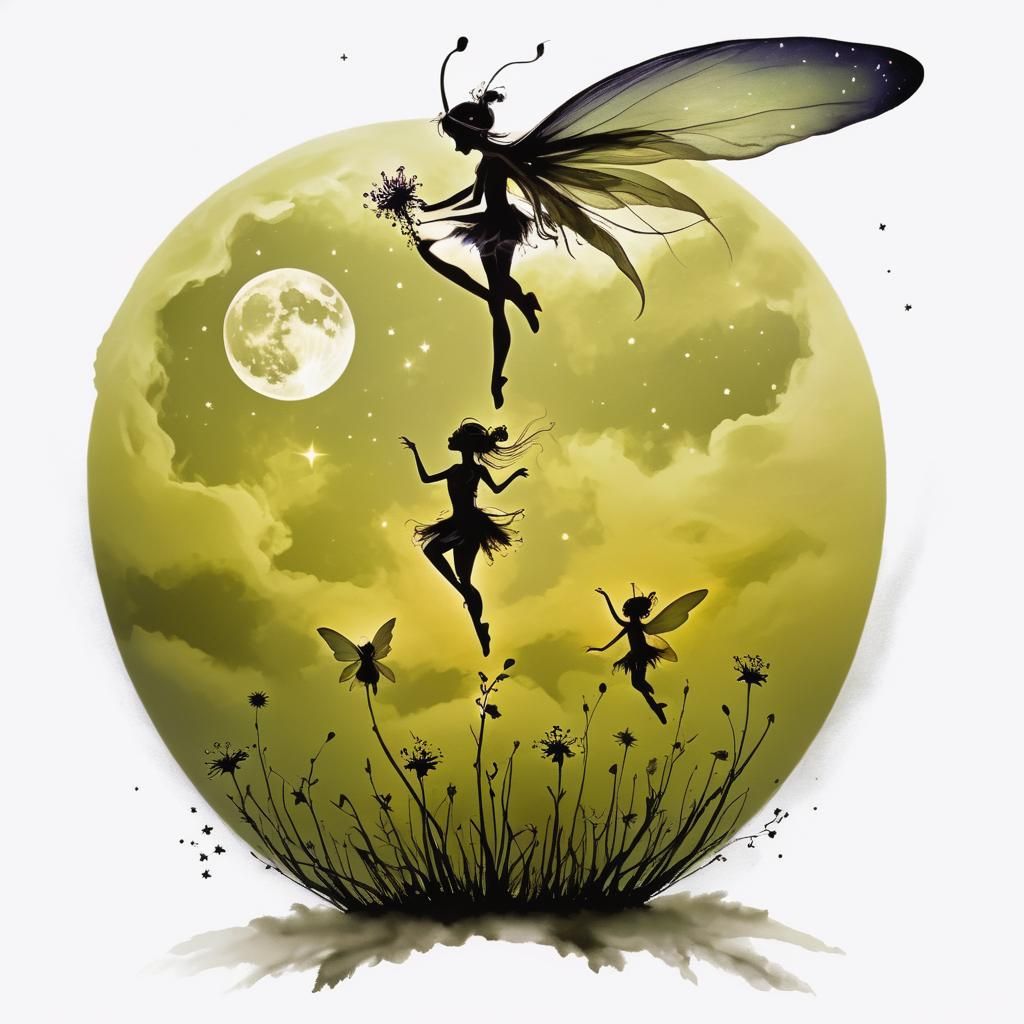 Fairies Dancing in Purple Night Sky