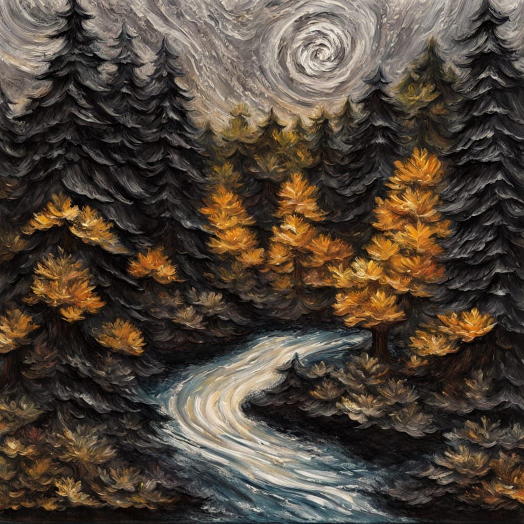 Textured Black Forest Night Painting in Encaustic Impasto St...