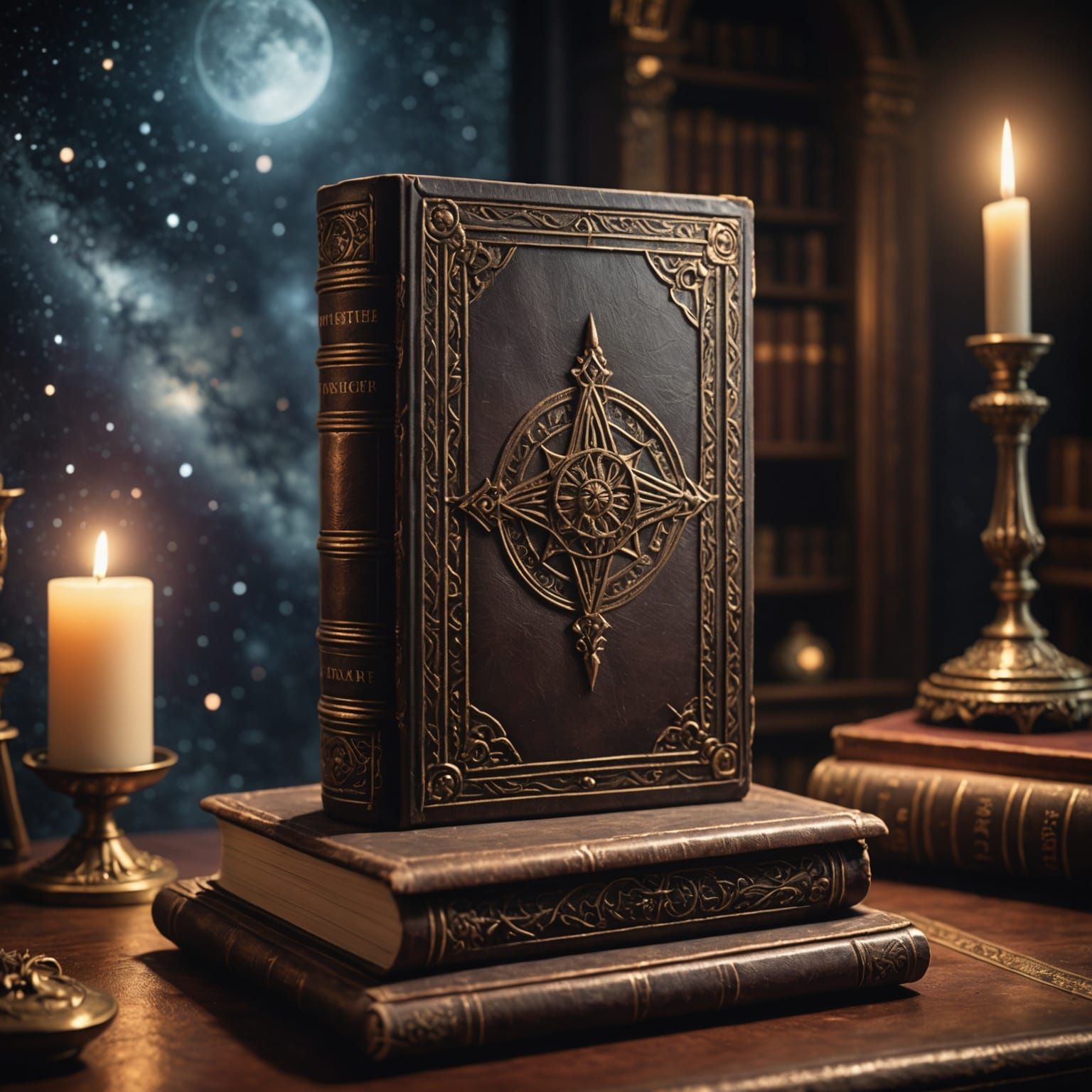 Leather Book of Wisdom in Cosmic Room