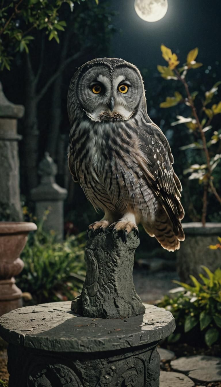 Grey Owl in Mystical Garden by Moonlight