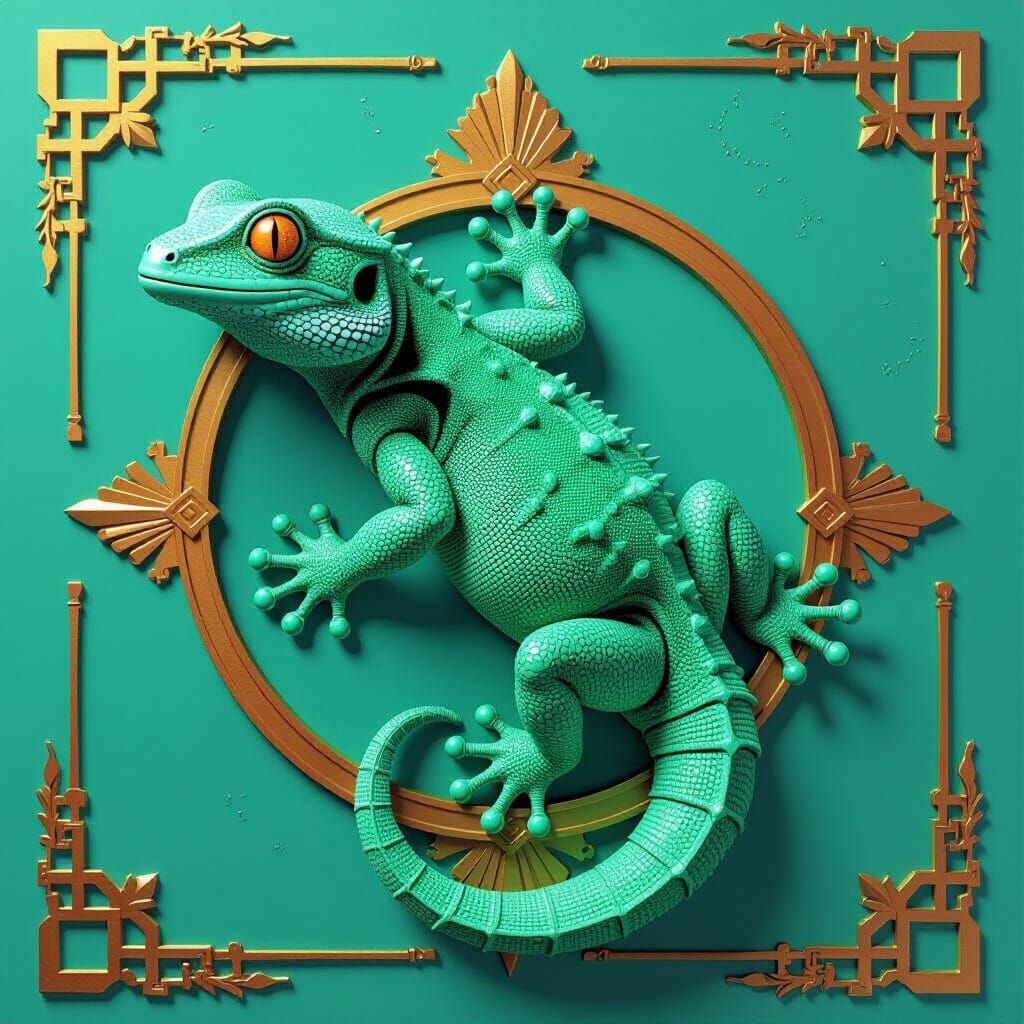 Retro-Futuristic Gecko Sculpture in Art Deco Style