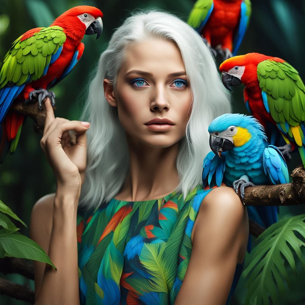 Woman with Parrot in Rainforest, Detailed Matte Painting
