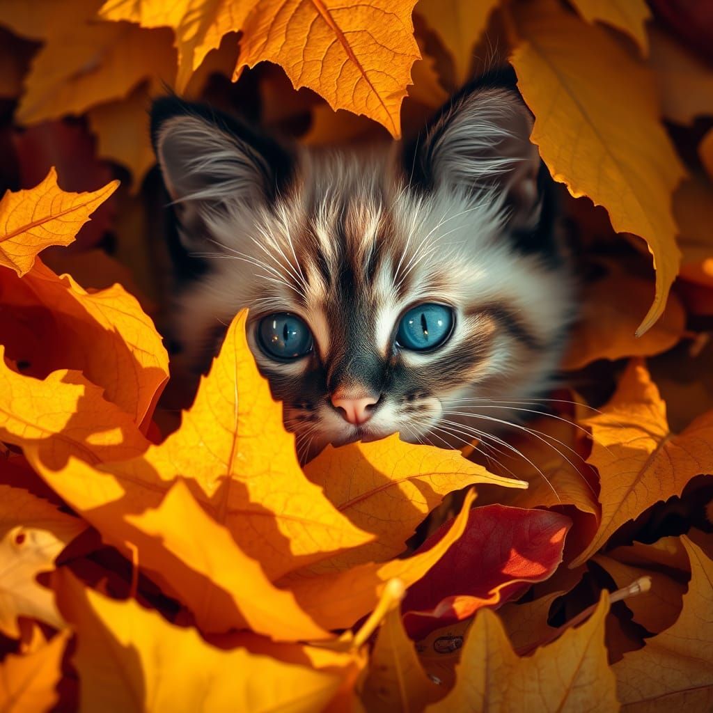 Siamese Kitten Hides Under Autumn Leaves