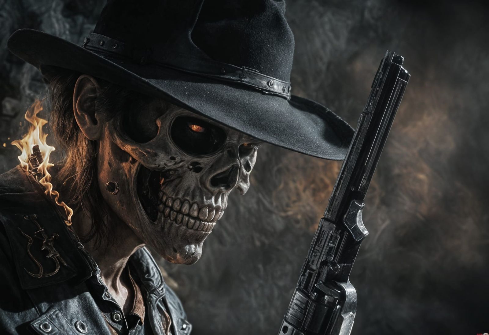 Zombie Cowboy with Flaming Skull and Colt Pistol