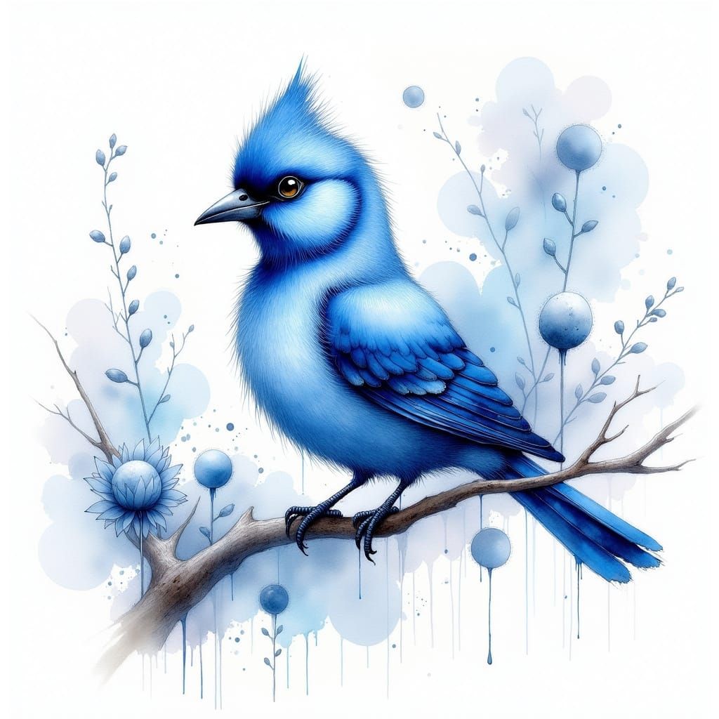 Blue Canary on Chalkboard Branch, Digital Painting