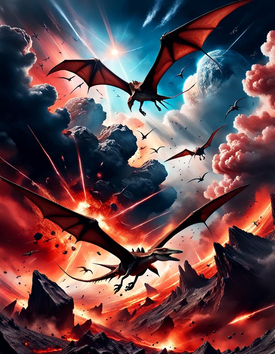 Pterodactyls Fight as Asteroid Approaches in Apocalyptic Sky