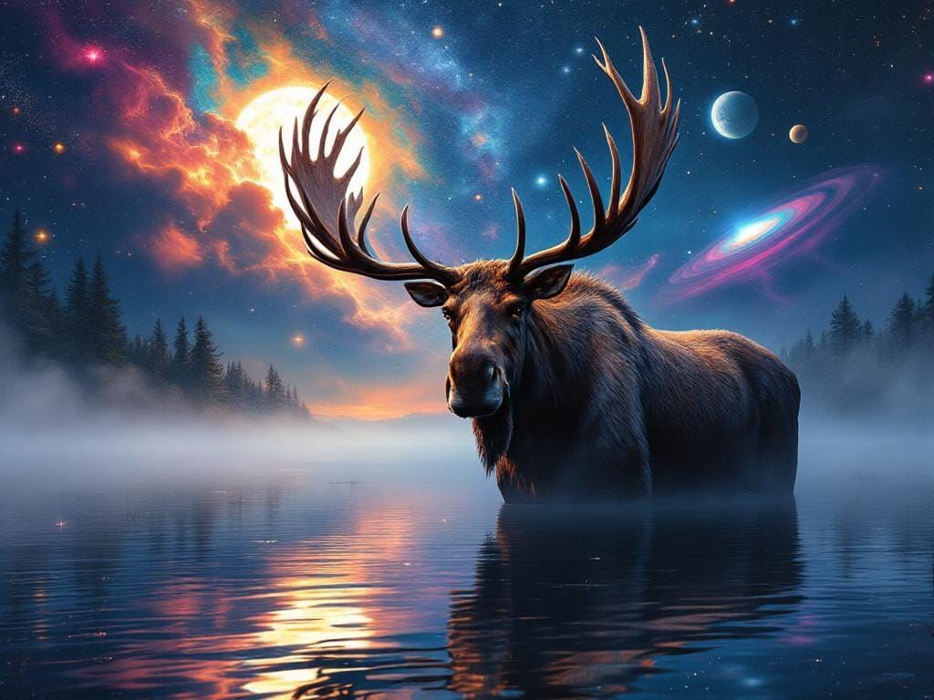 Majestic moose in a lake, antlers reflecting moonlight