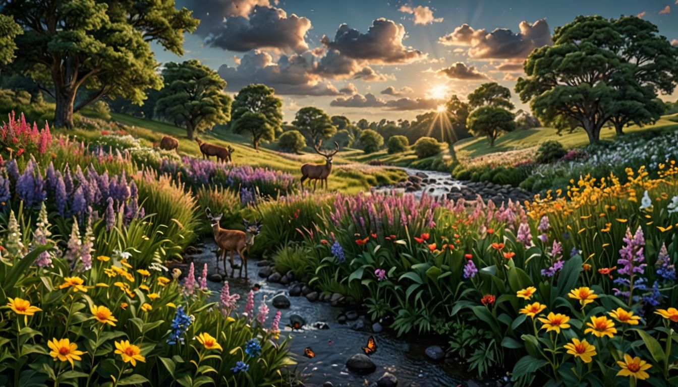 Hyperrealistic Field with Creek, Deer and Wildlife