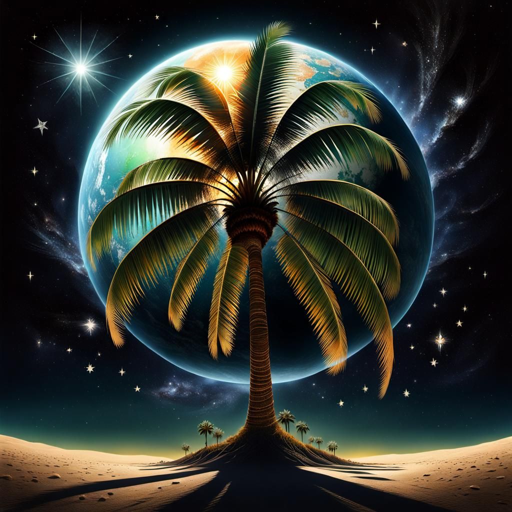 Surreal Palm Tree Planet in Dark Space