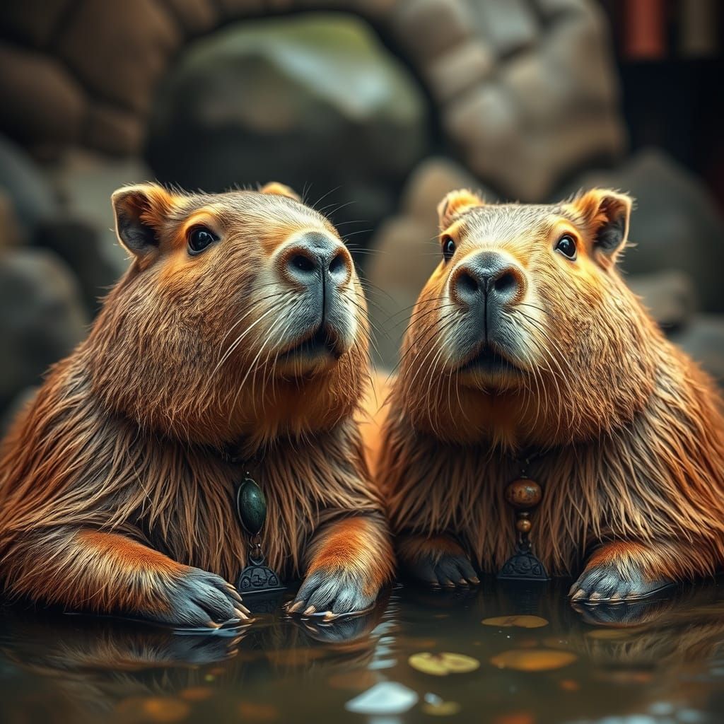 Capybaras Relax in Japanese Onsen with Vibrant Jewellery