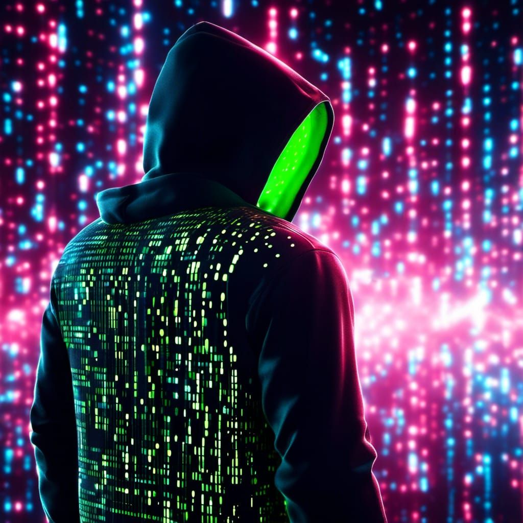 Hacker Silhouette in Neon Green Binary Code