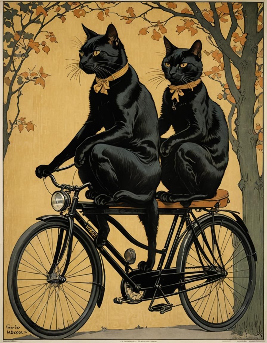 Two Black Cats on a Tandem, Art Nouveau Poster