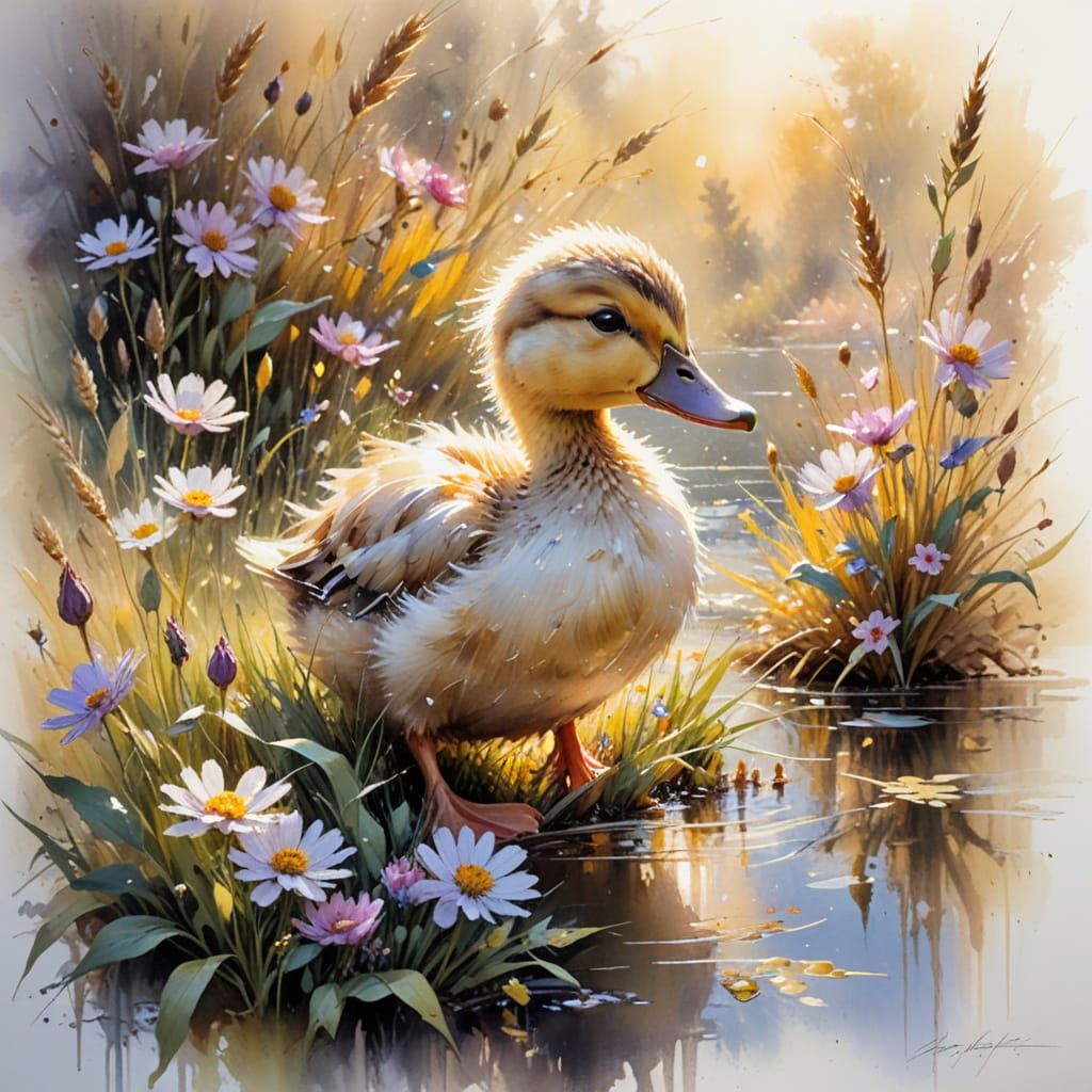 Playful Duckling in Sunlit Garden: Impressionistic Realism