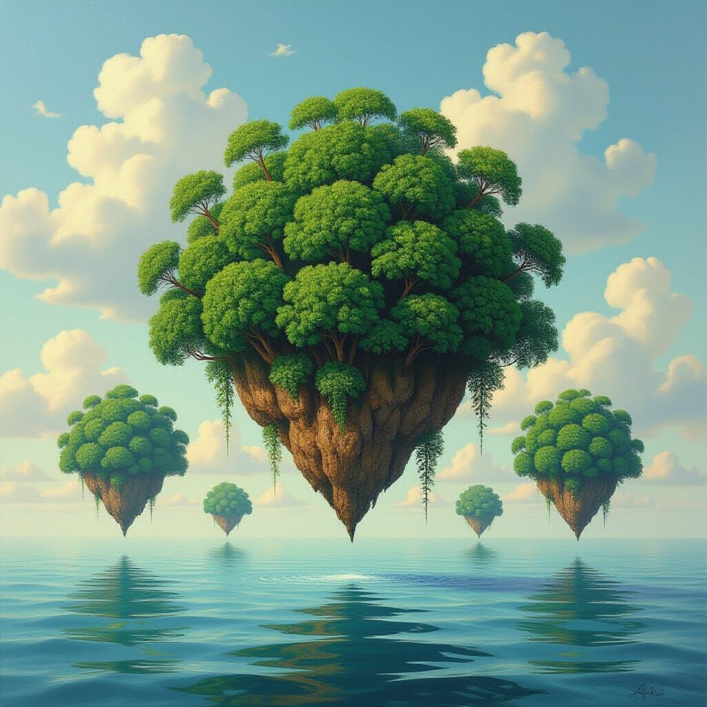 Floating Forests Above Ocean in Oil Painting Style