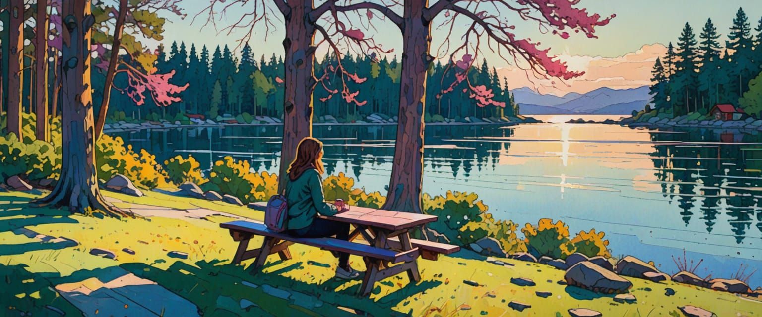 Girl by Lakeshore in Comic Book Watercolor Style