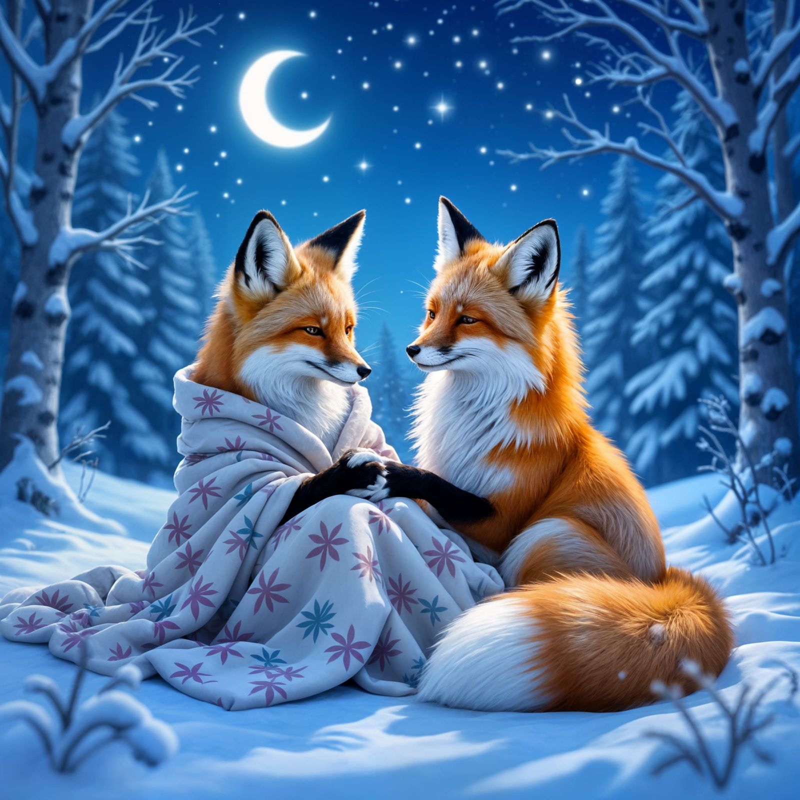 Kind Fox Sisters Share Blanket Under Starry Night Sky