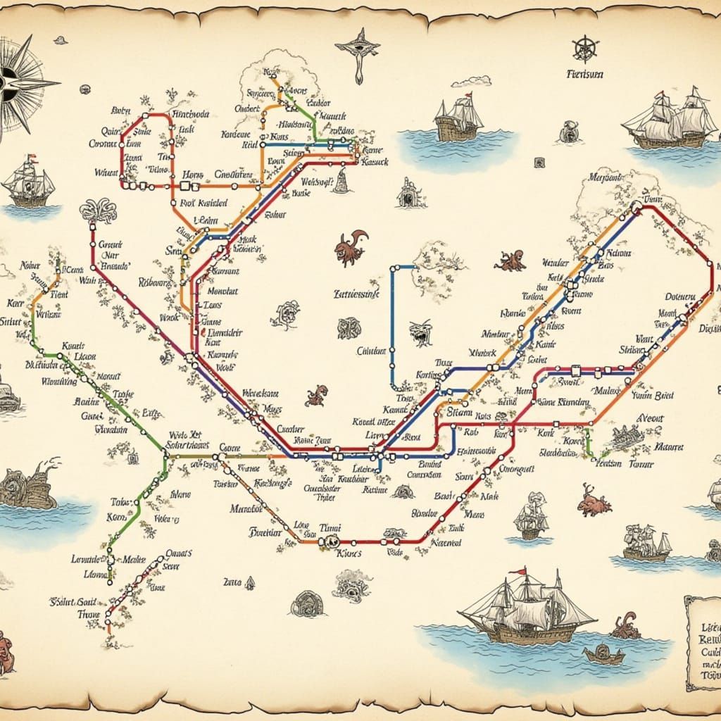 Pirate Treasure Map Style Metro Train Map with Monsters