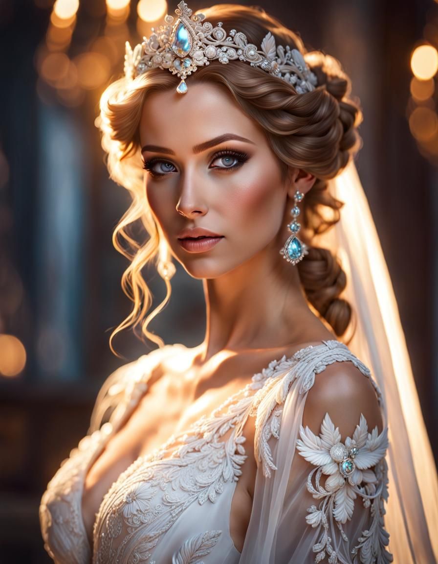 Beautiful Bride in Lacy White Dress Portrait