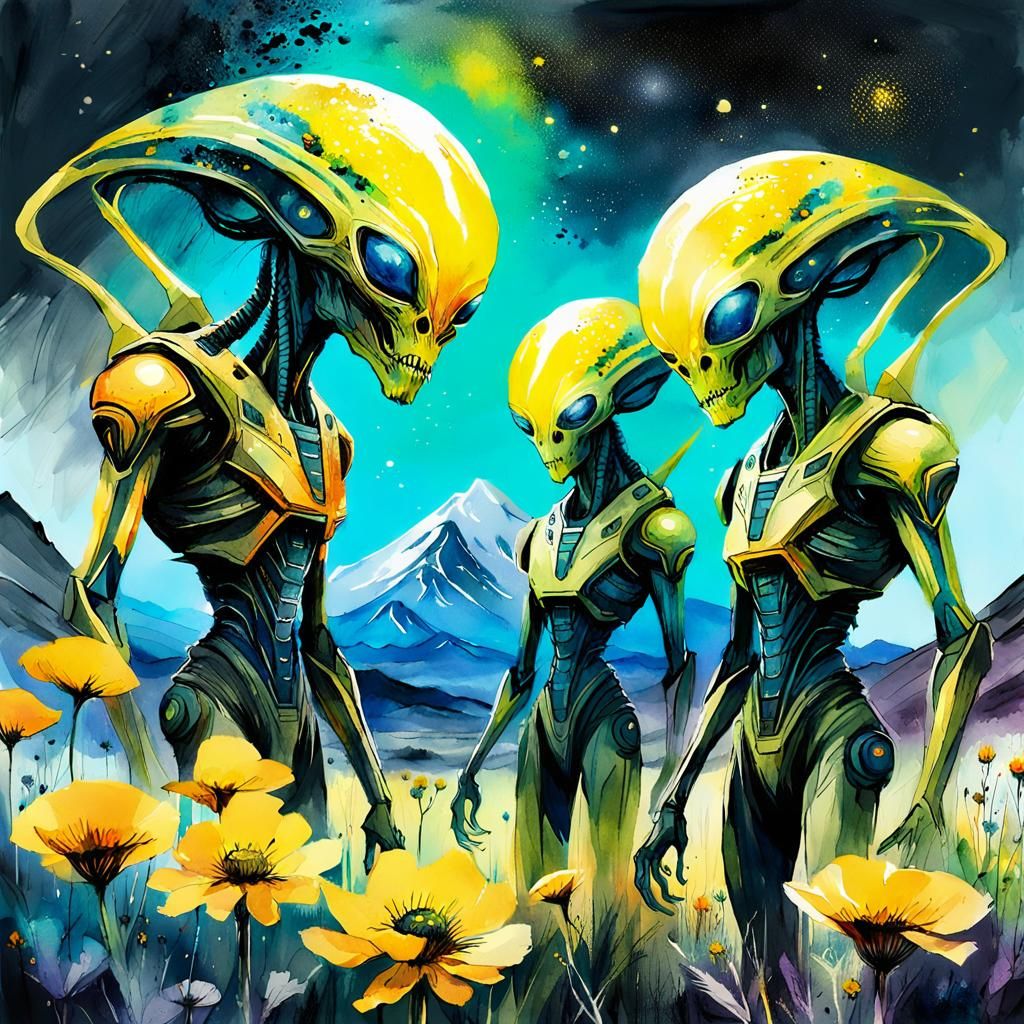 Aliens tending Glowing Flowers in Watercolor Style