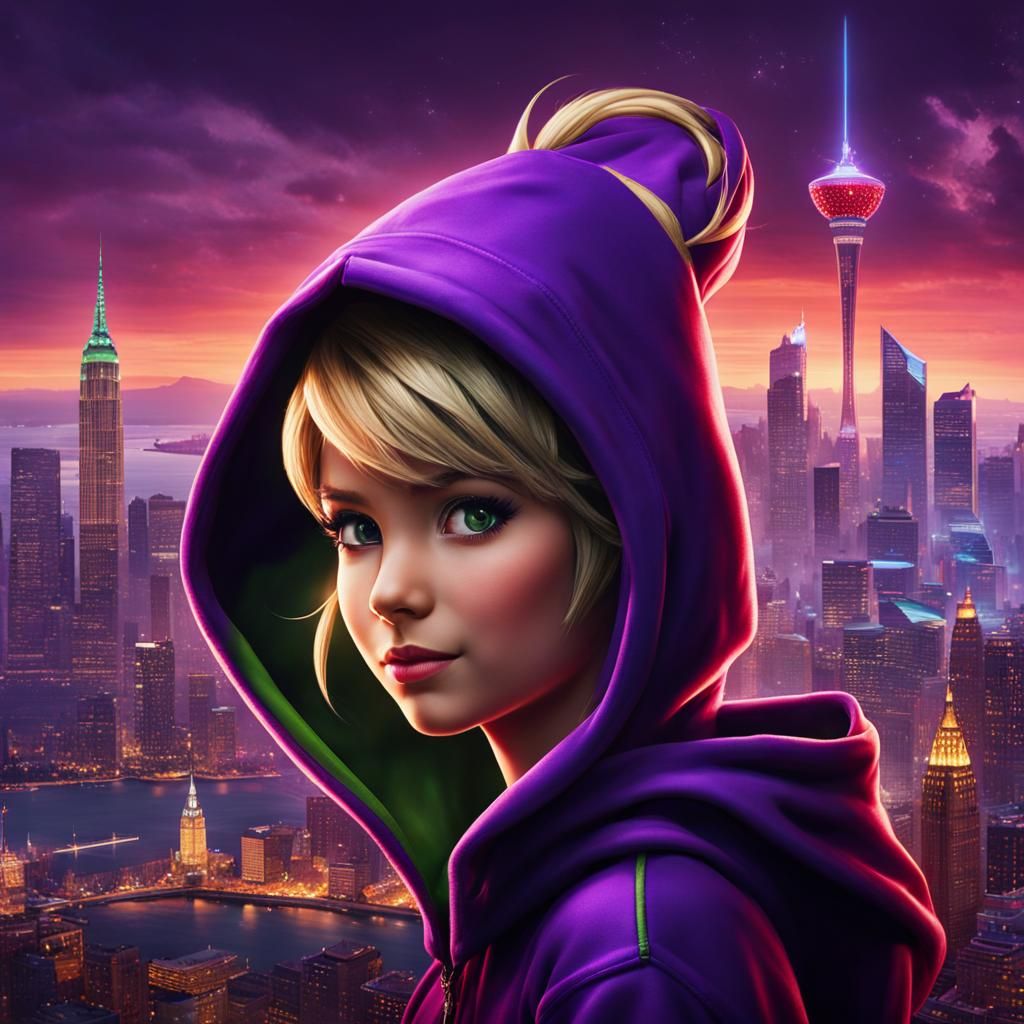 Grown-Up Tinkerbell in Hoodie with City View