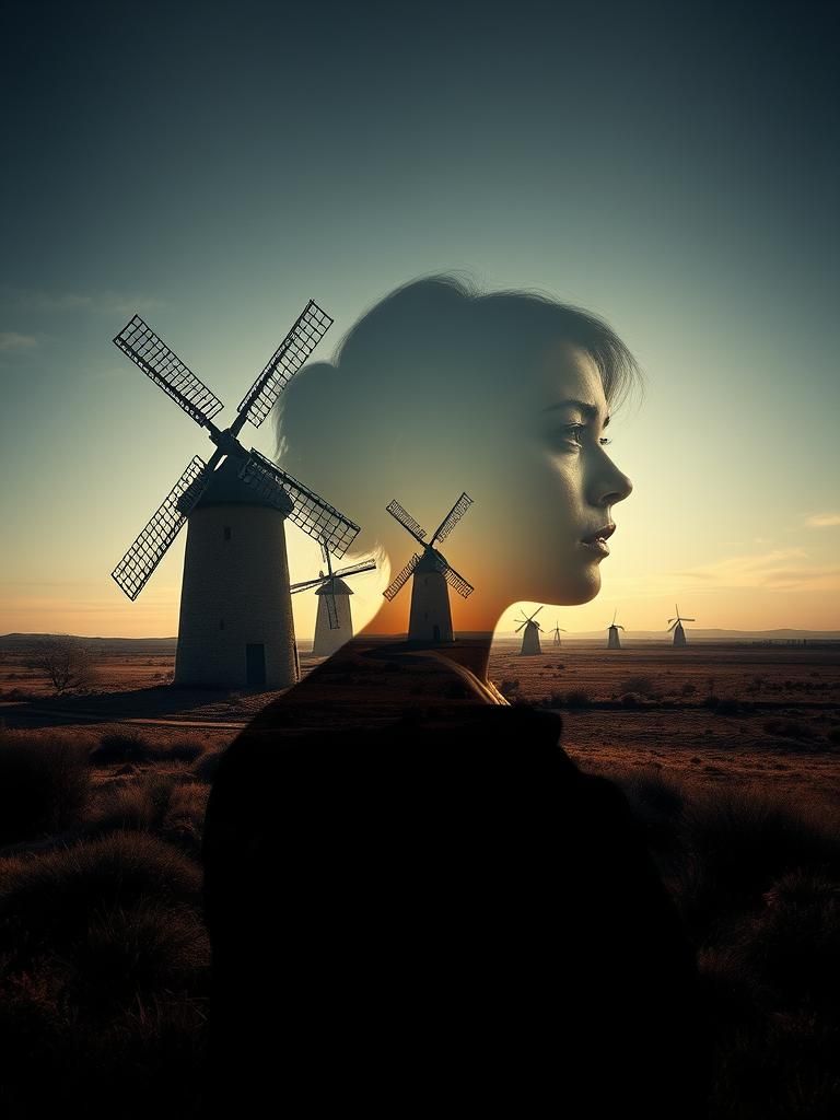 Surreal Windmill Landscape in Twilight Shadows