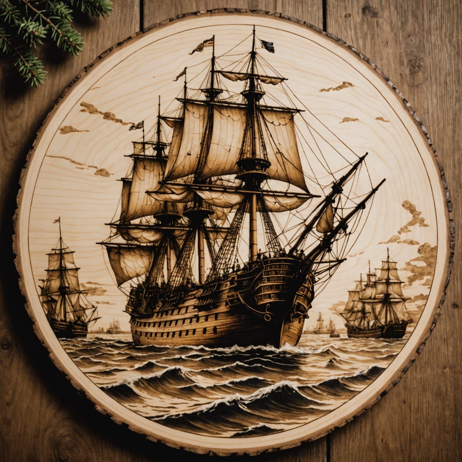Wood Burned HMS Victory on Pine Disk in Realistic Detail