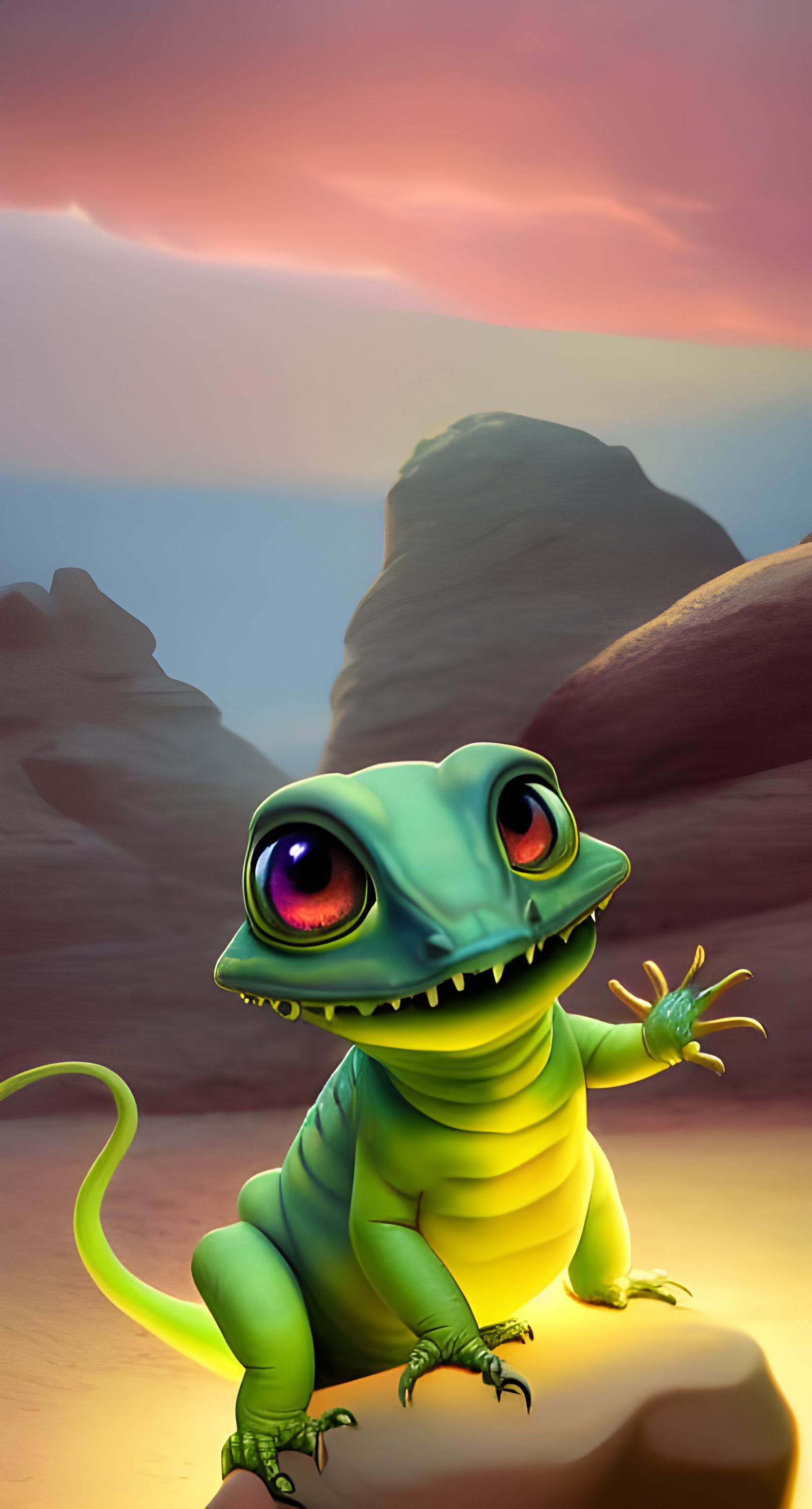 Chibi Lizard on Desert Rock, 3D Rendered Cartoon