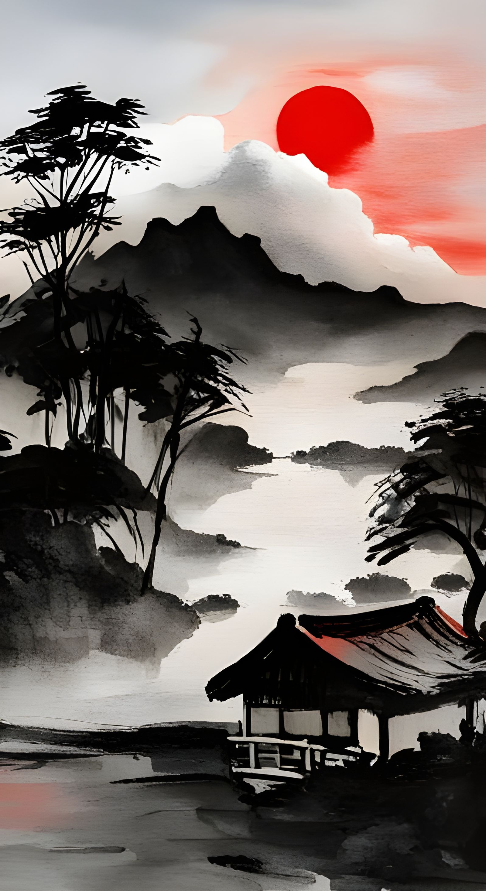 Muted Japanese ink painting scroll