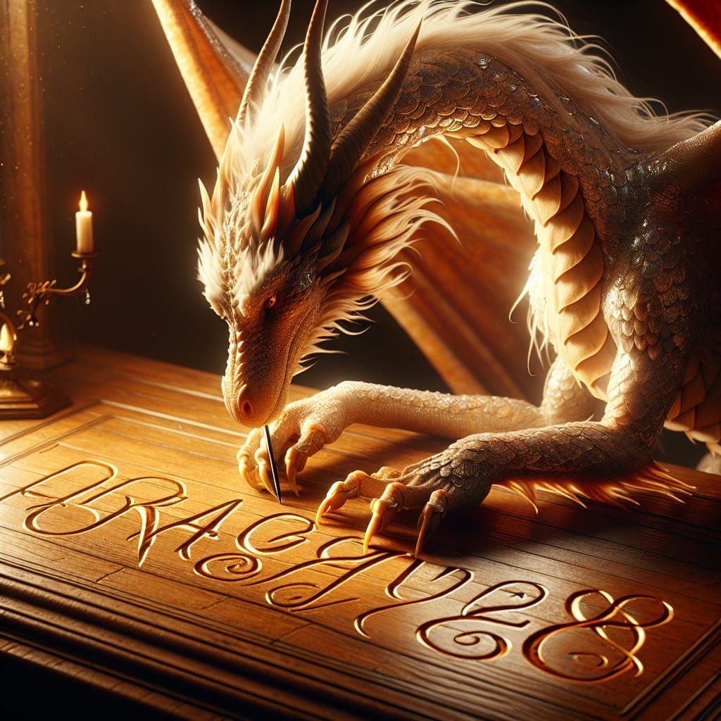 Dragon Engrossed in Writing at Wooden Desk