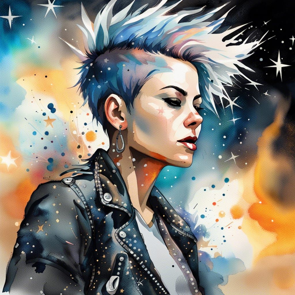 Punk Rock Woman in Watercolor with Cosmic Flames