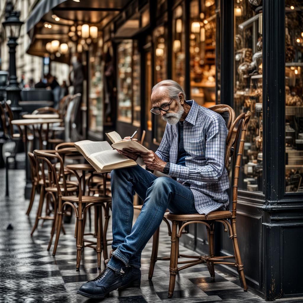 Skeleton Reading at Paris Cafe: Hyperrealistic HDR Image