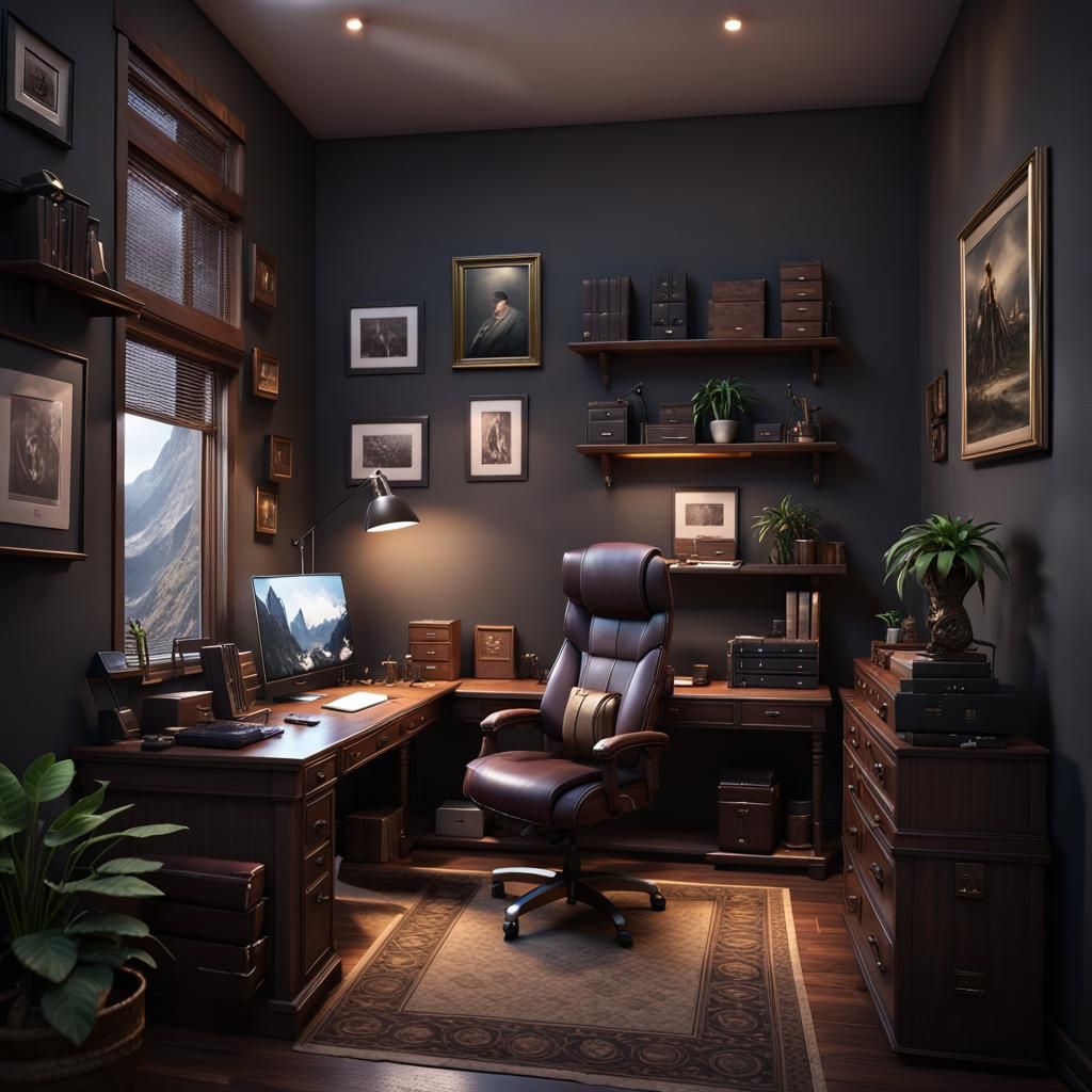 Dark Cozy Home Office in 3D Cinematic Style