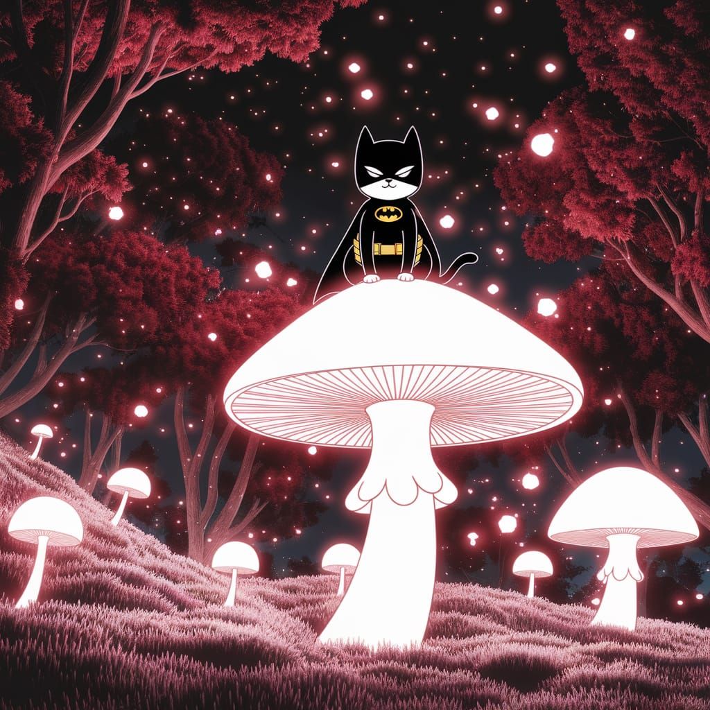 Batman Cat in Bioluminescent Forest, Studio Trigger Style