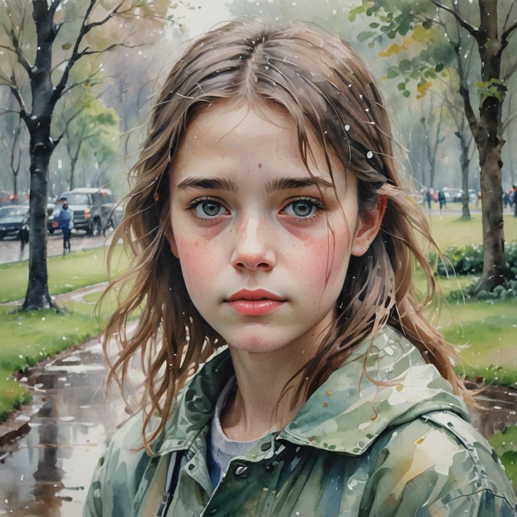 Young Girl in Rainy Park, Impressionist Watercolor