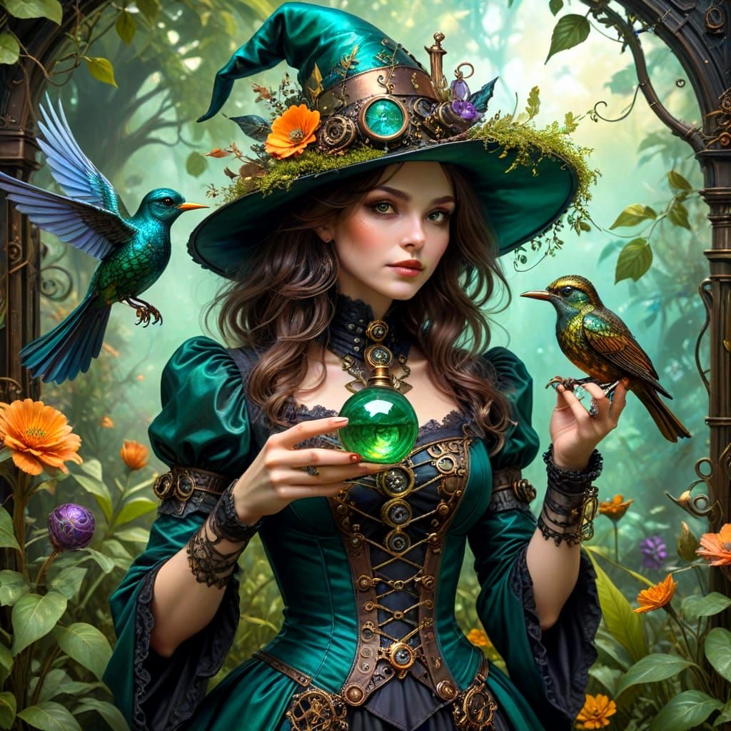 Steampunk Witch and Glass Bird in Garden