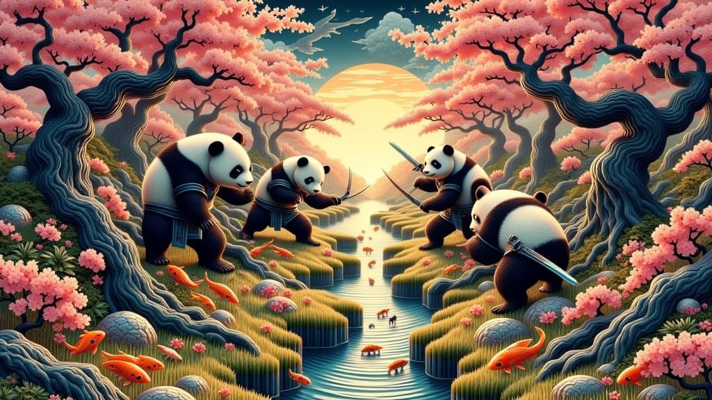 Panda Ninjas Duel in Crystal Japanese Garden, Ukiyo-e Style