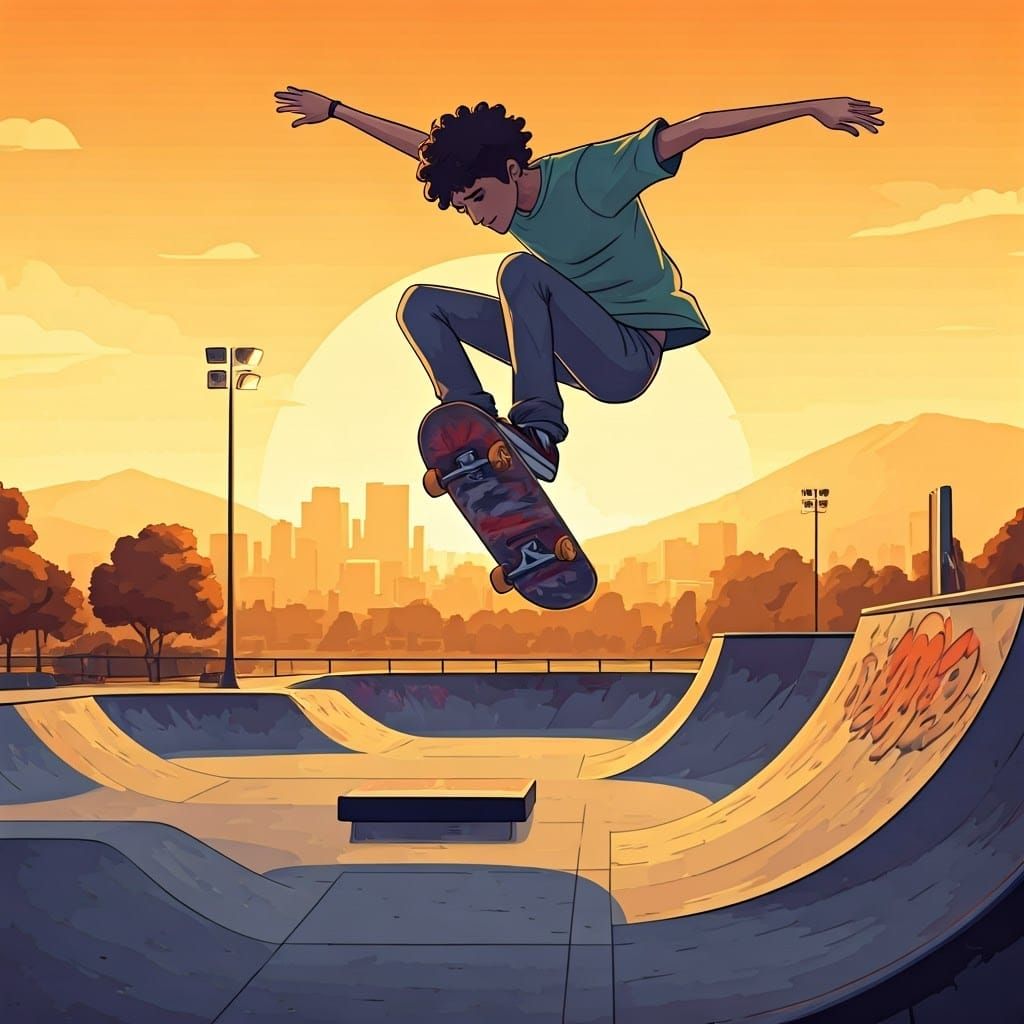Electric Skatepark Scene in Vibrant Cartoon Style