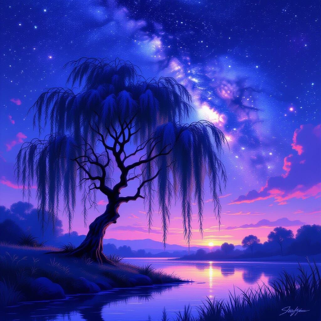 Ethereal Willow Tree Under the Milky Way
