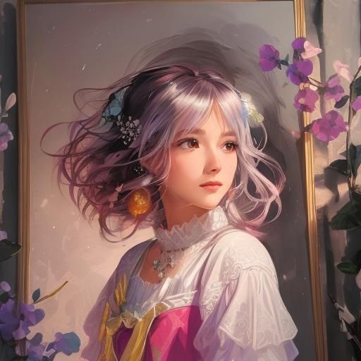 Anime Girl with Dove Features in Moonlit Oil Painting