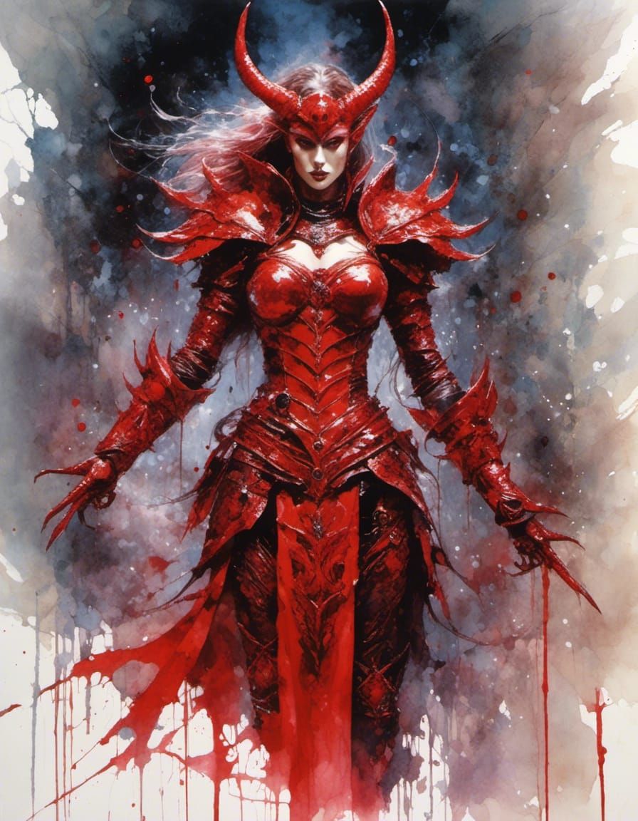 Red Demoness in Leather Armor, Watercolor Style