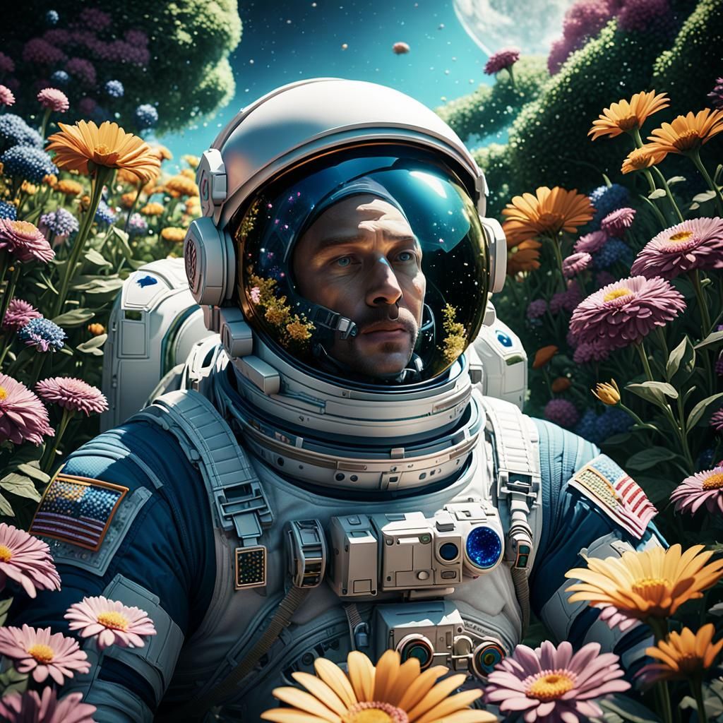 Astronaut in Flower Garden Reflecting the Universe