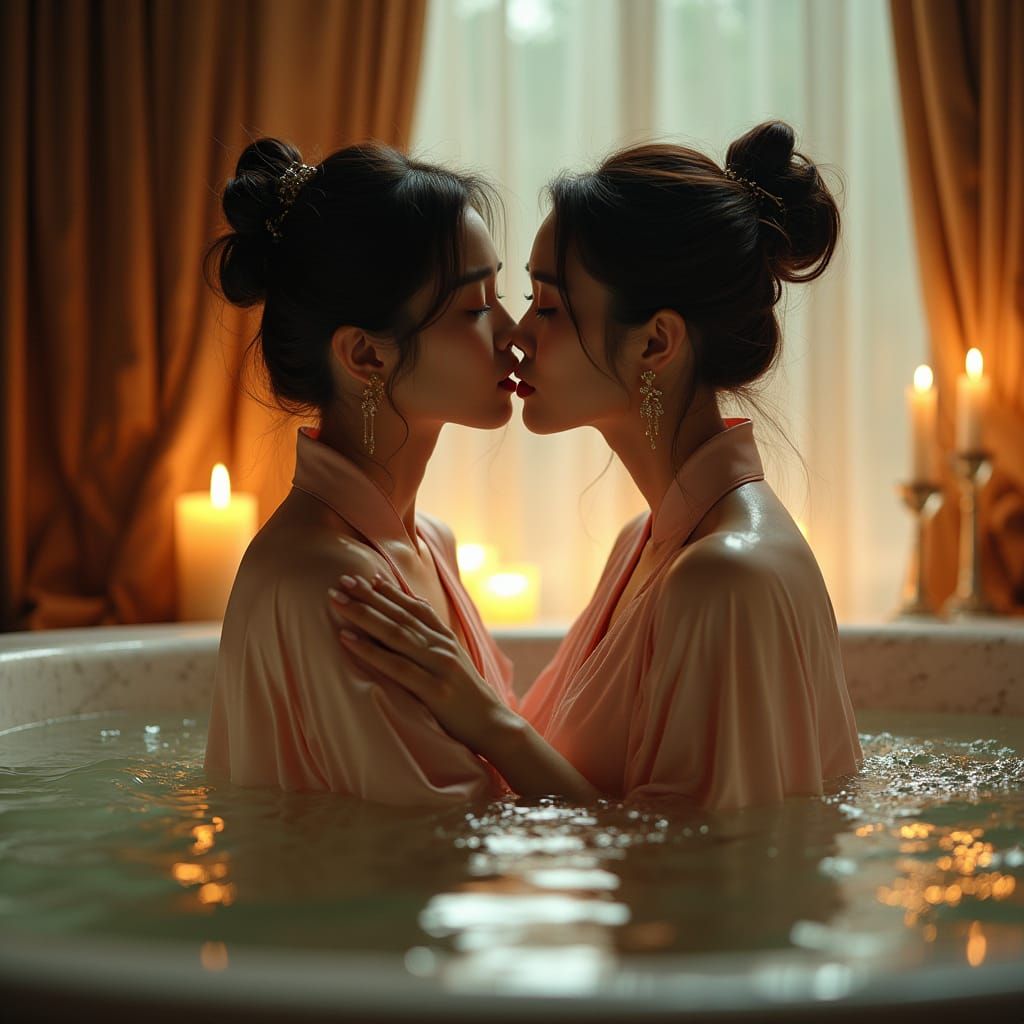 Intimate Moment in Luxurious Bath, Traditional Chinese Elega...
