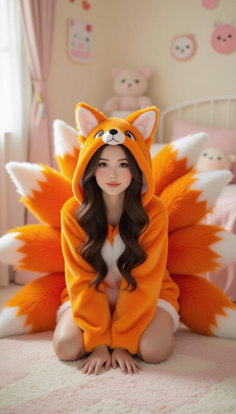 Anime Woman in Orange Nine-Tailed Fox Costume