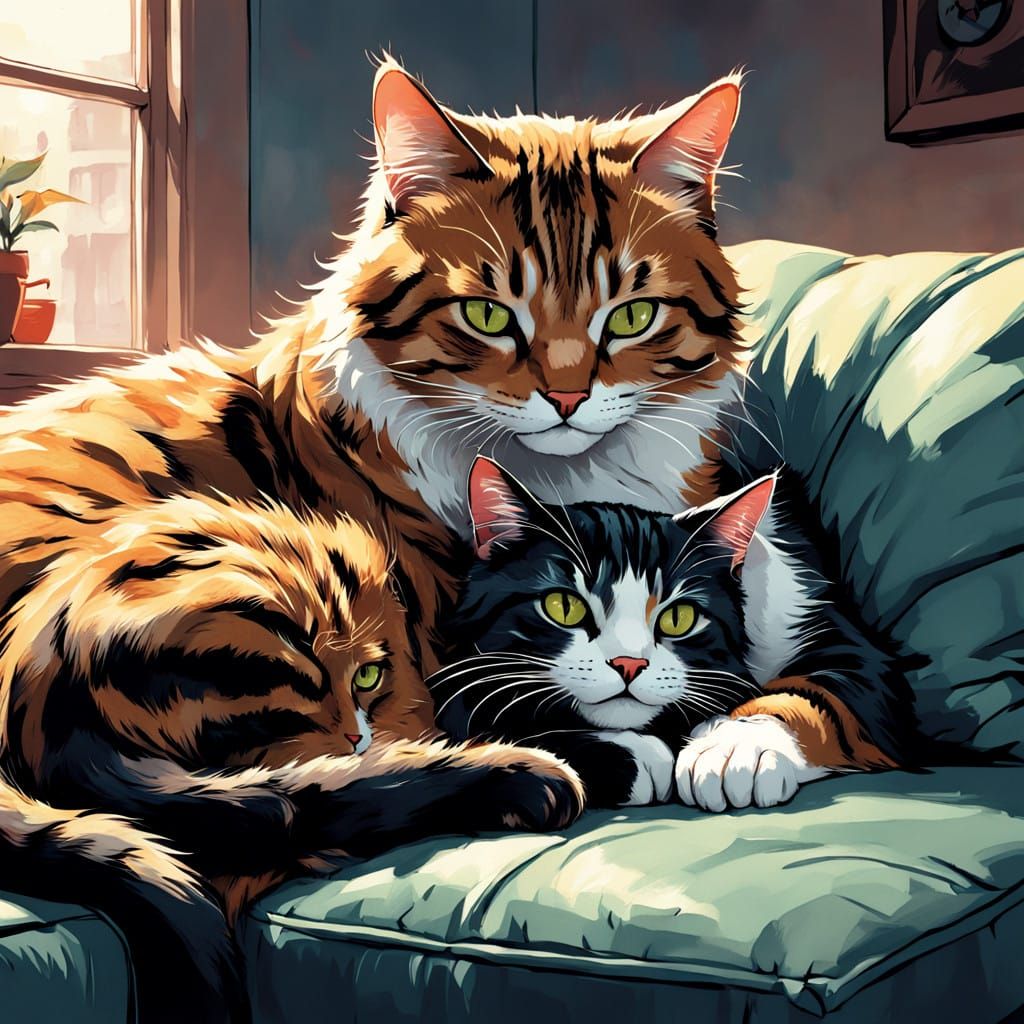 Cozy Domestic Bliss: Mama Cat and Kitten Snuggle