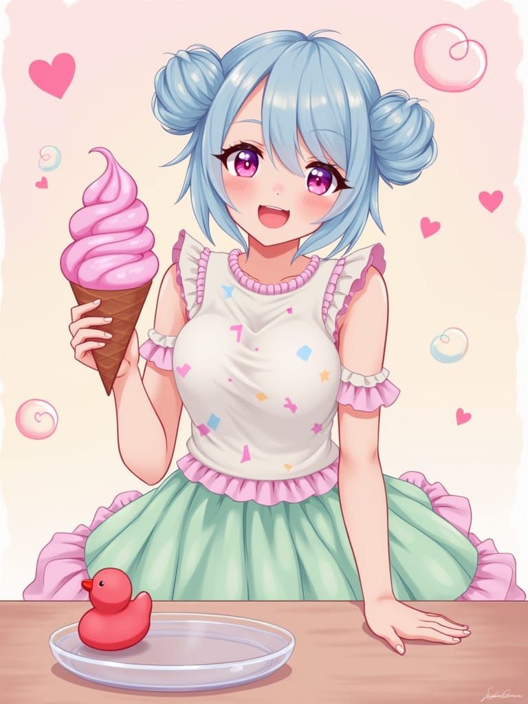 Pastel Whimsy: Young Woman Enjoys Ice Cream with Red Rubber....