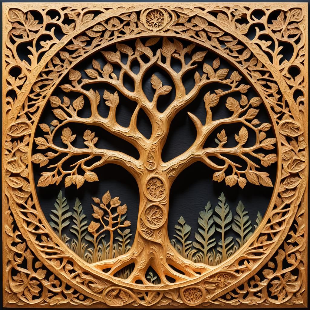 Ornate Carved Tree of Life in Forest Setting